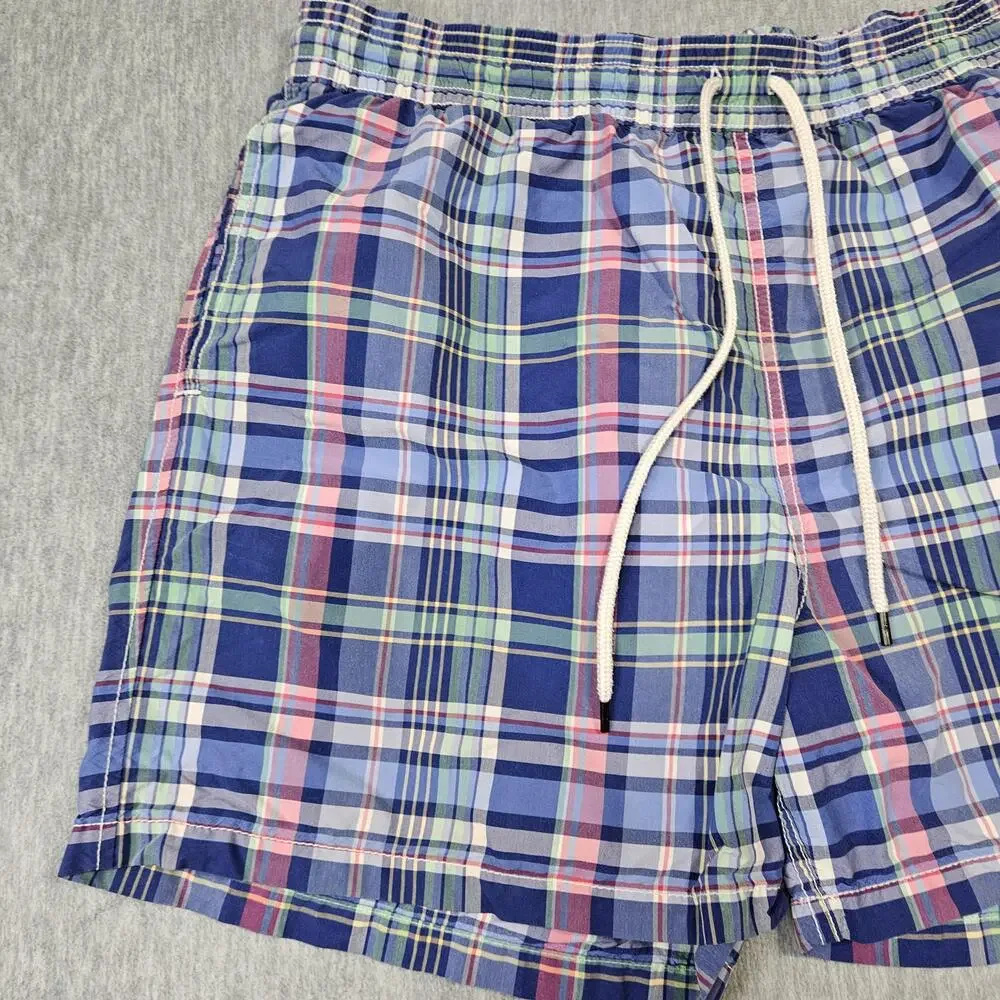 Polo Ralph Lauren Swim Shorts Mens L Blue Plaid Lined Drawstring Back Pocket